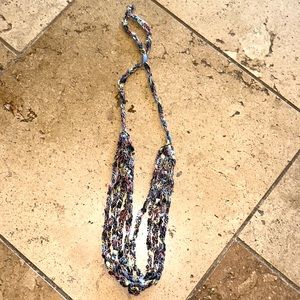 Multi-color (gray gold pink) braided cloth necklace. 4 layers adjustable length